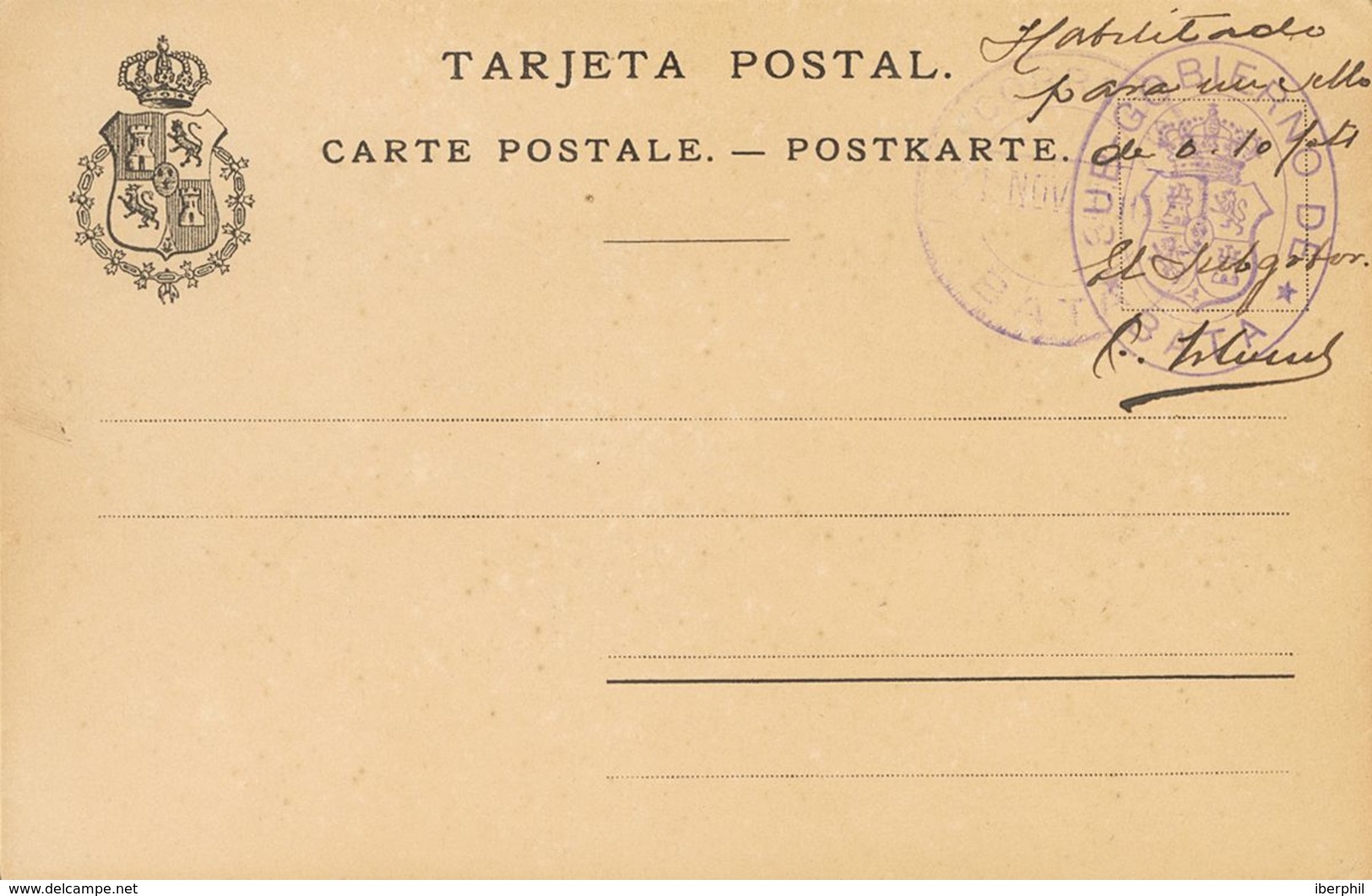 º. 1902. Tarjeta Postal Provisoria Con Indicación Manuscrita "Habilitado Para Un Sello De 0'10 Pts" Con Marca SUBGOBIERN - Sonstige & Ohne Zuordnung