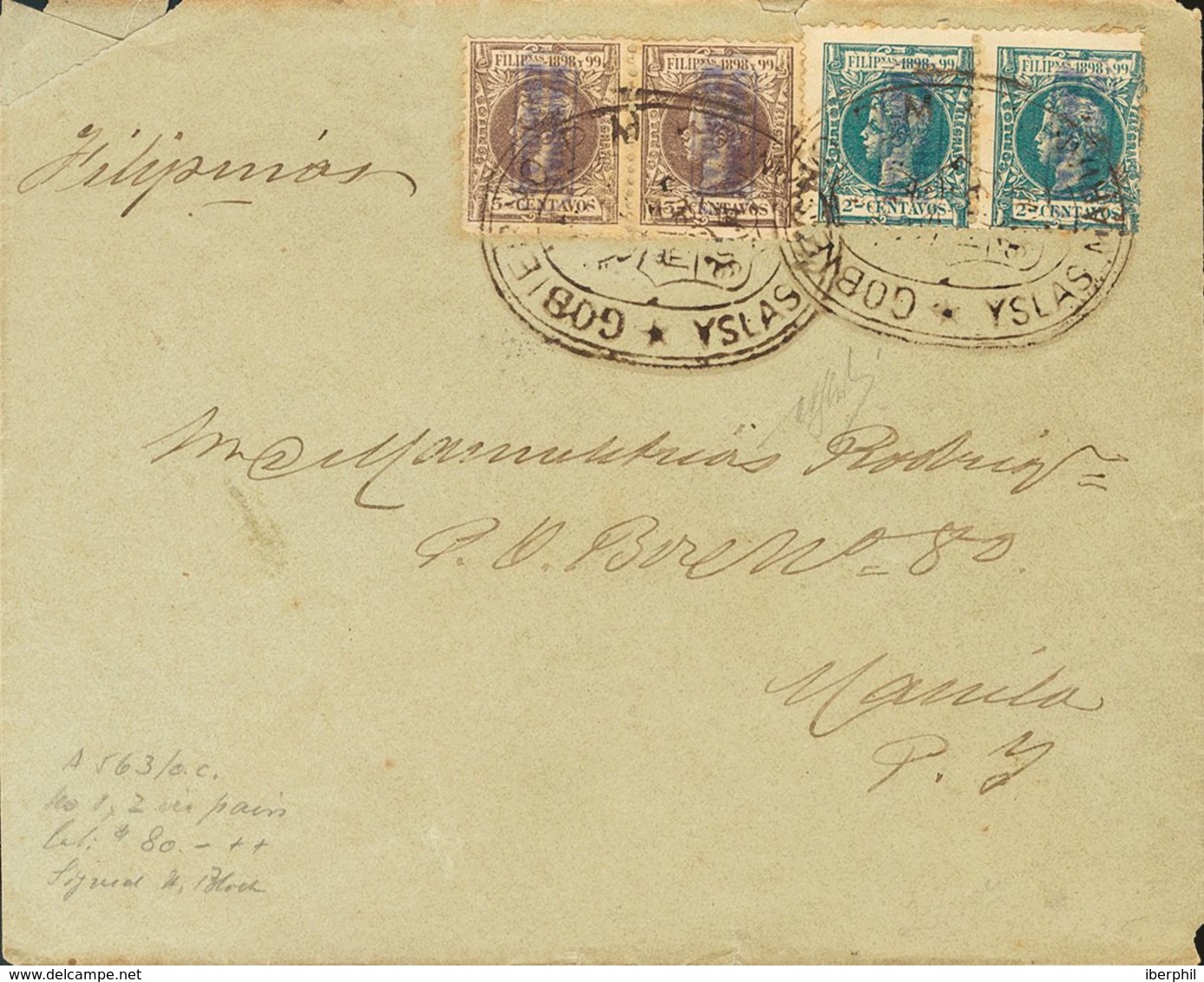 Sobre 1(2), 2(2). 1899. 2 Ctvos Verde, Dos Sellos Y 3 Ctvos Castaño, Dos Sellos. MARIANAS A MANILA. Matasello GOBIERNO P - Mariannes