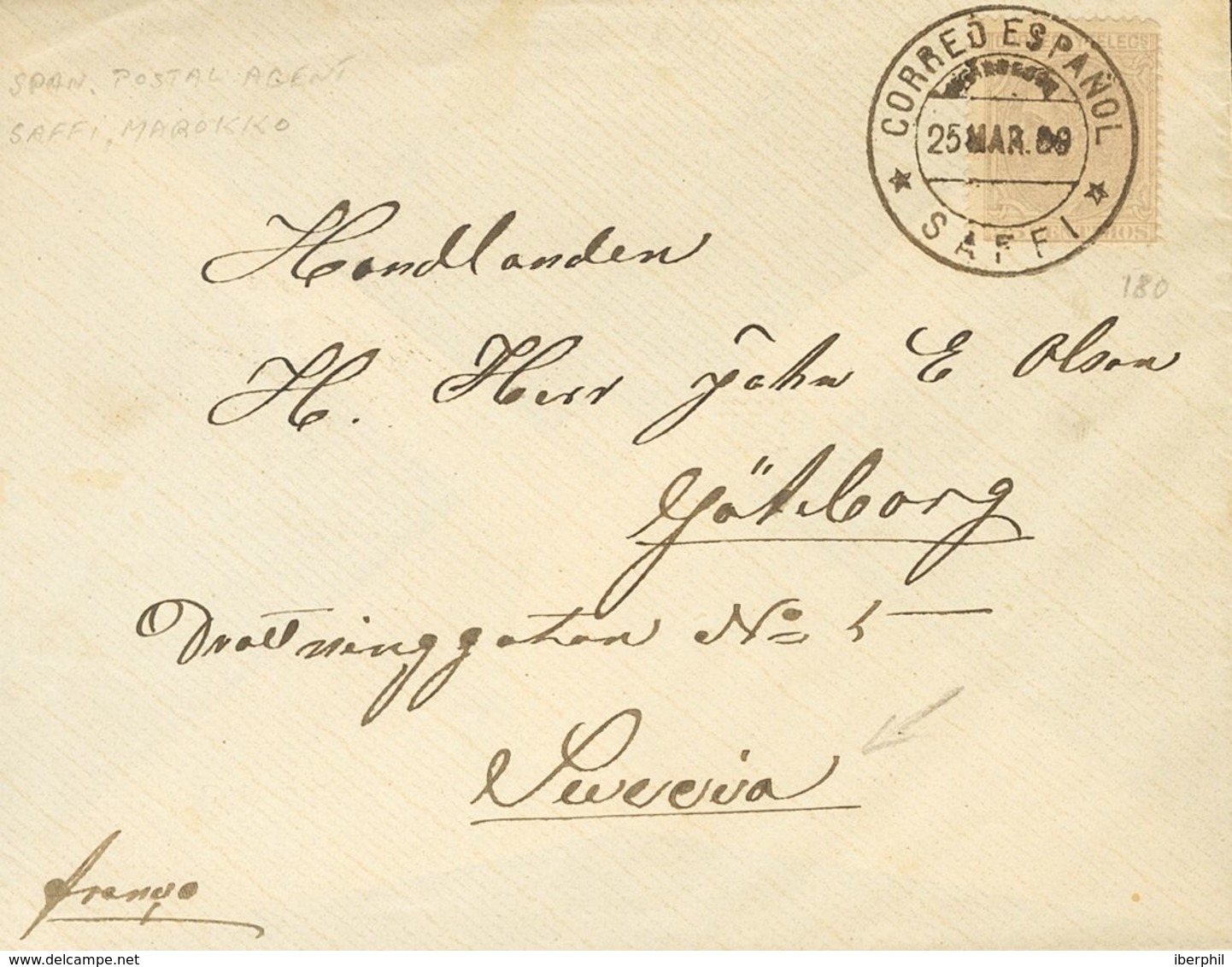 Sobre 204. 1889. 25 Cts Gris. SAFFI A GOTEBORG (SUECIA). Matasello CORREO ESPAÑOL / SAFFI Y Al Dorso Marca J.J. MARIA Y  - Autres & Non Classés