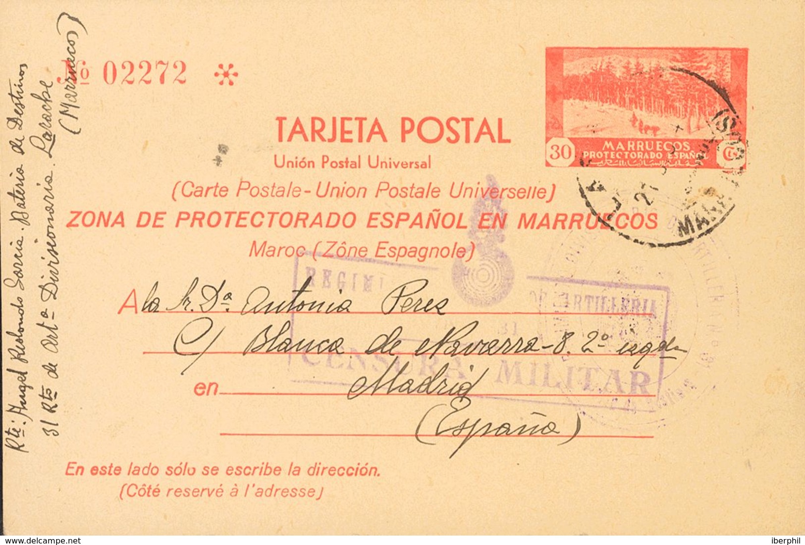 Sobre EP24. 1941. 30 Cts Rojo Sobre Tarjeta Entero Postal De LARACHE A MADRID. Marca De Franquicia REGIMIENTO DIVISIONAR - Autres & Non Classés