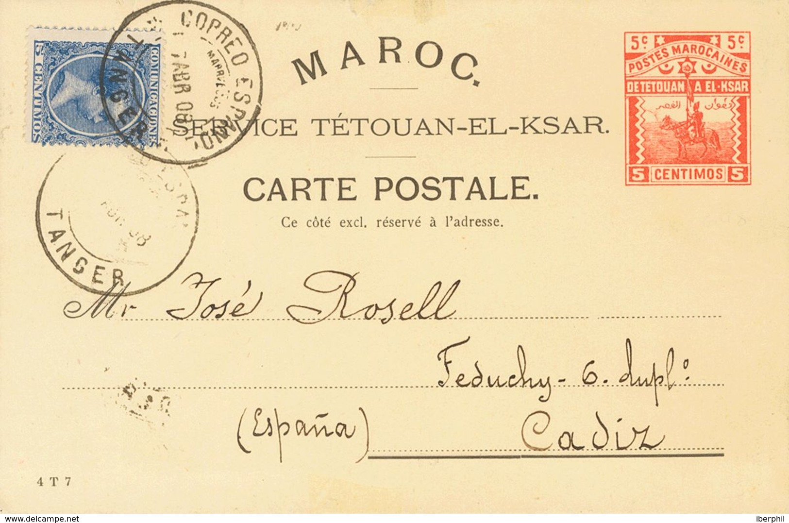 Sobre EPCL1. 1898. 5 Cts Rojo Sobre Tarjeta Entero Postal De TANGER A CADIZ, Con Franqueo Complementario De 5 Cts Azul D - Sonstige & Ohne Zuordnung