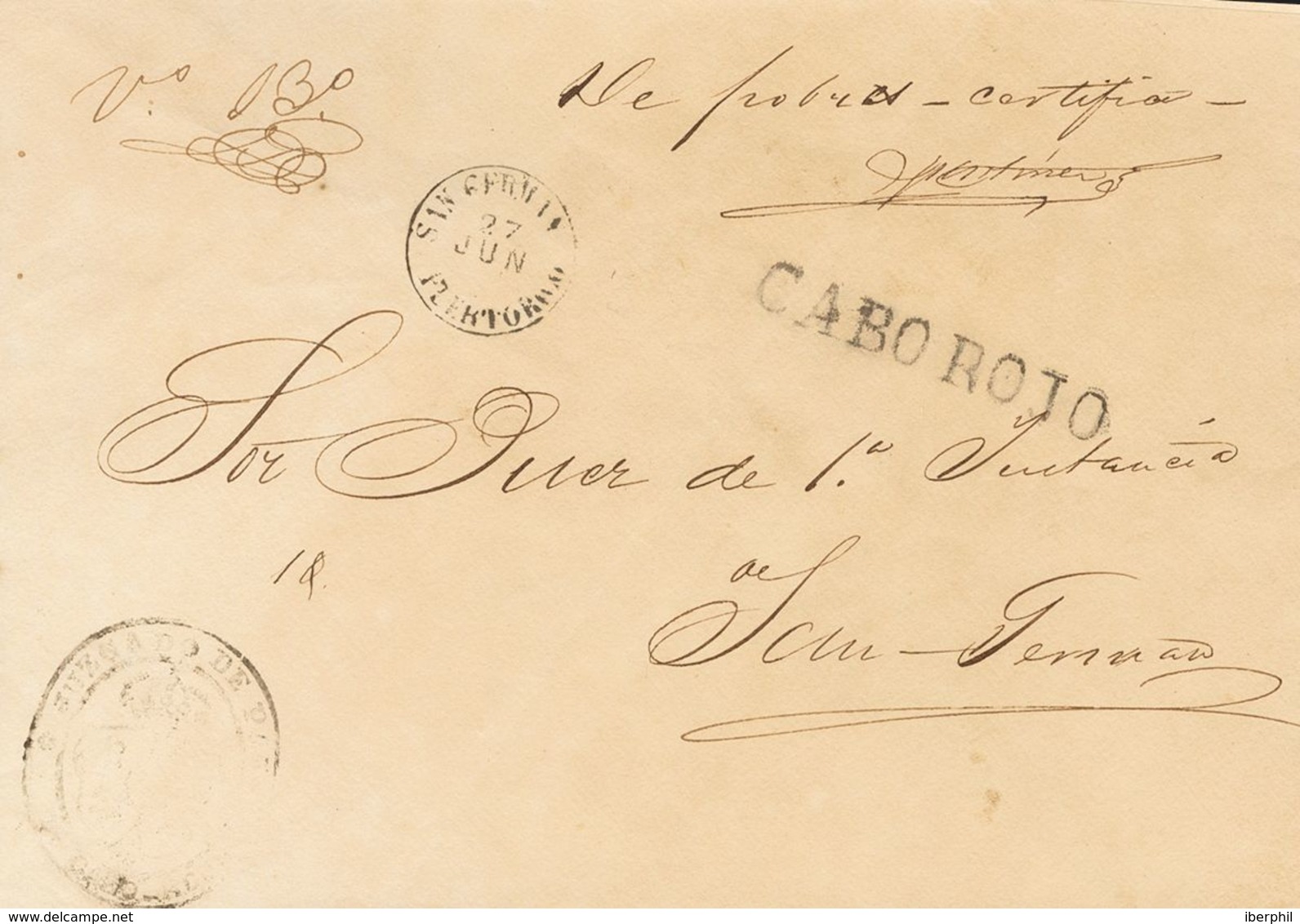 Sobre . (1850ca). CABO ROJO A SAN GERMAN. Marca CABO ROJO, En Negro (P.E.1) Edición 2004 Y Fechador SAN GERMAN / PUERTO  - Sonstige & Ohne Zuordnung