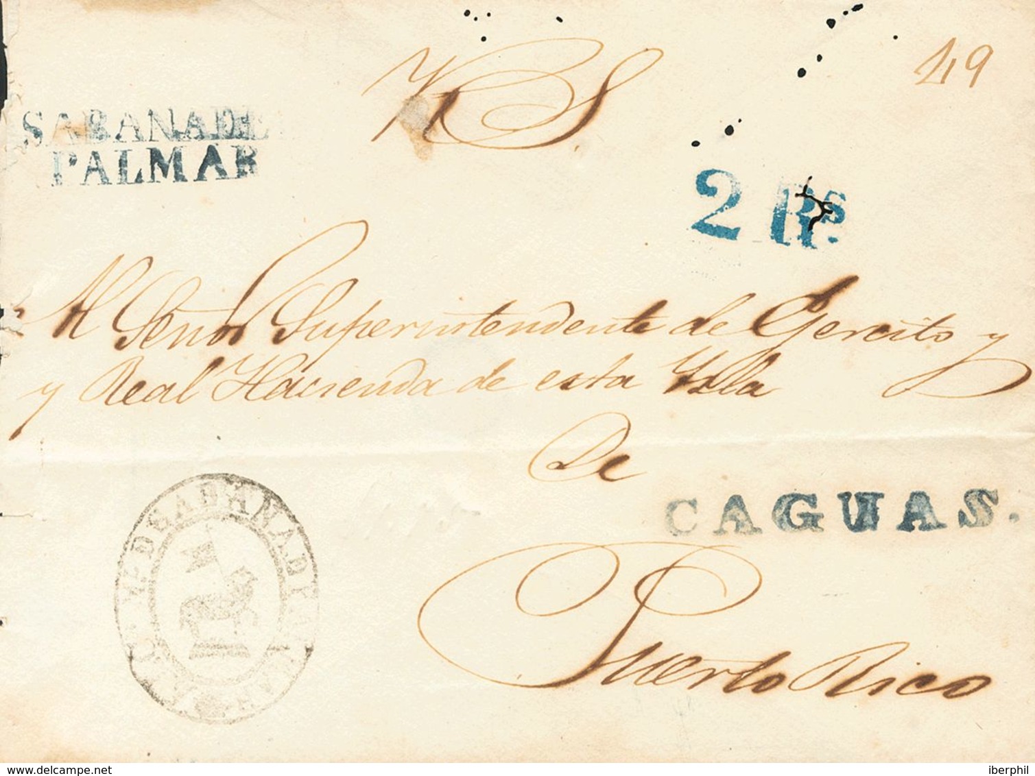 Sobre . (1852ca). SABANA DEL PALMAR A SAN JUAN. Marcas SABANA DEL / PALMAR, En Azul (P.E.2) Edición 2004 Y CAGUAS, En Az - Other & Unclassified