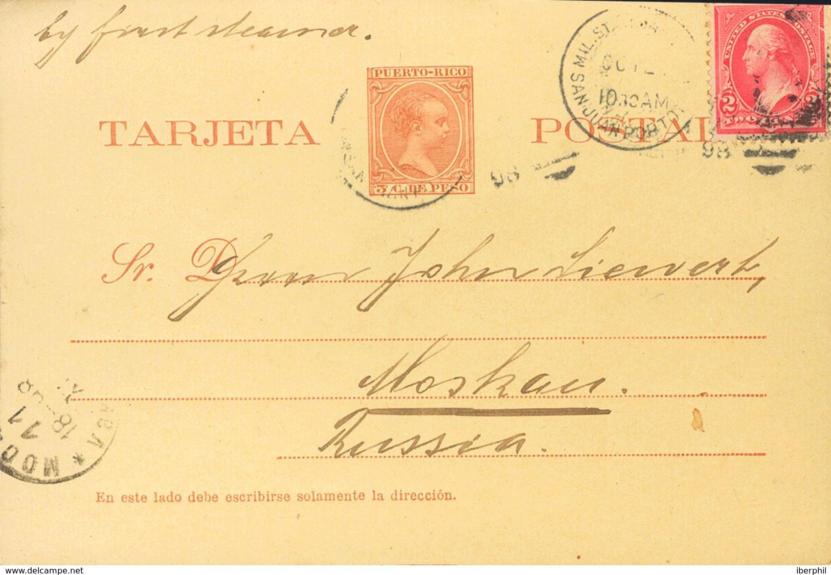 Sobre EP8. 1898. 3 Ctvos Castaño Rojizo Sobre Tarjeta Entero Postal De SAN JUAN A MOSCU (RUSIA), Con Franqueo Complement - Autres & Non Classés