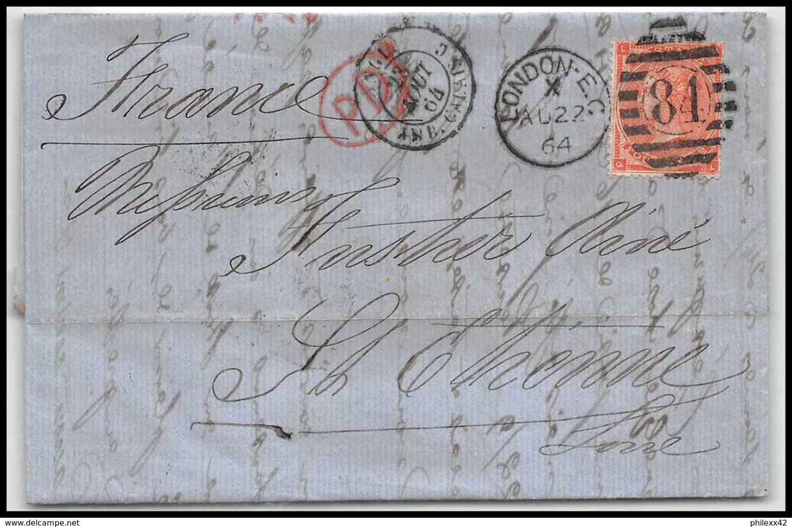 35758 Y&t 32 Victoria 4p Red London St Etienne France 1864 Cachet 81 Lettre Cover Grande Bretagne Great Britain - Storia Postale