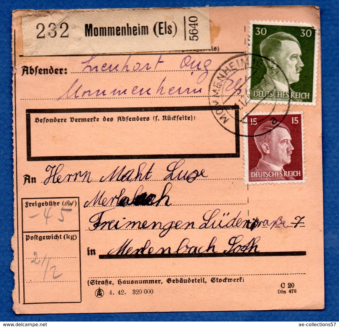 Colis Postal  -  Départ Mommenheim  --  21/12/1942 - Lettres & Documents