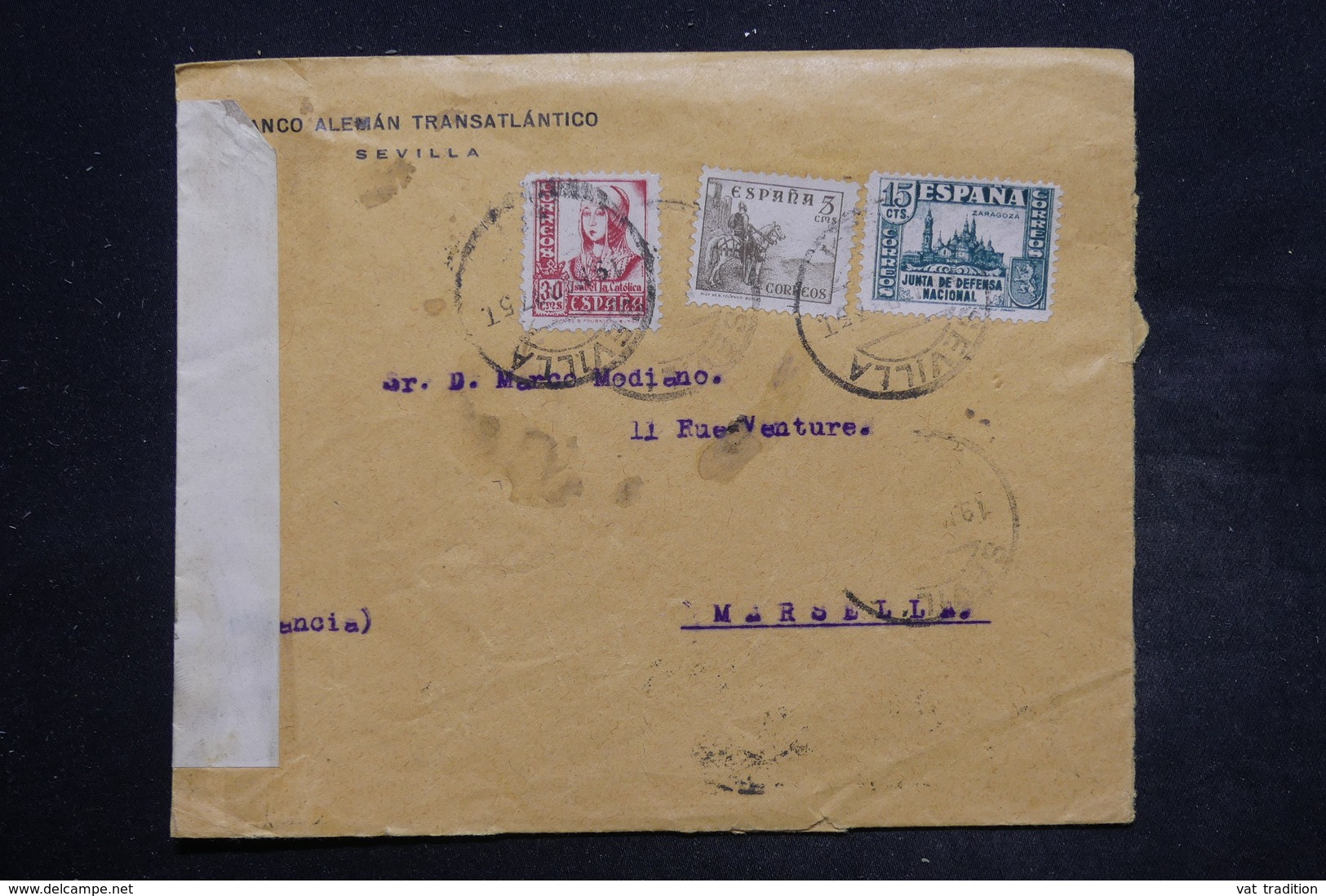 ESPAGNE - Enveloppe Commerciale De Sevilla Pour Marseille En 1937 Avec Contrôle Postal - L 26858 - Marques De Censures Républicaines