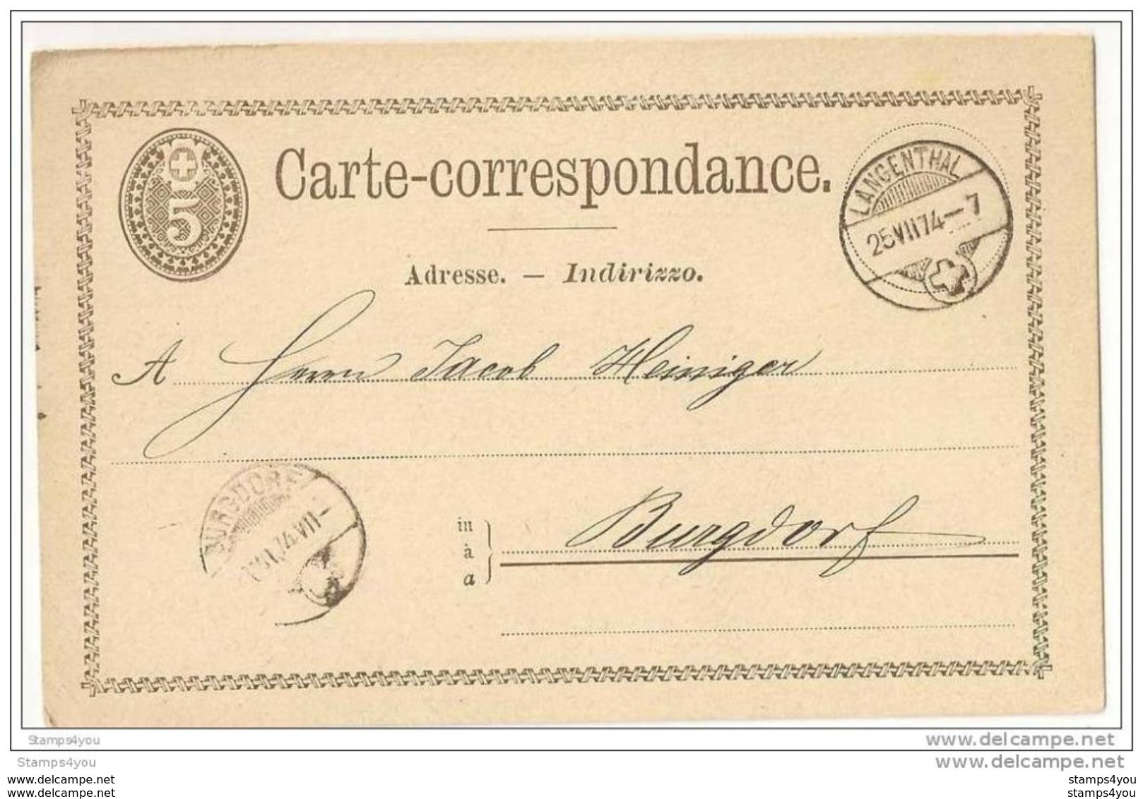 36-51 - Entier Postal 5 Cts Avec Superbes Cachets à Date De Langenthal Et Burgdorf 1874 - Ganzsachen