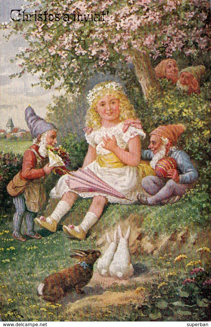 GNOME - LUTIN - NAIN Et FILLETTE Avec LAPIN Et OEUF De PÂQUES / DWARF And GIRL With RABBIT And EASTER EGG ~ 1920 (aa540) - Taferelen En Landschappen