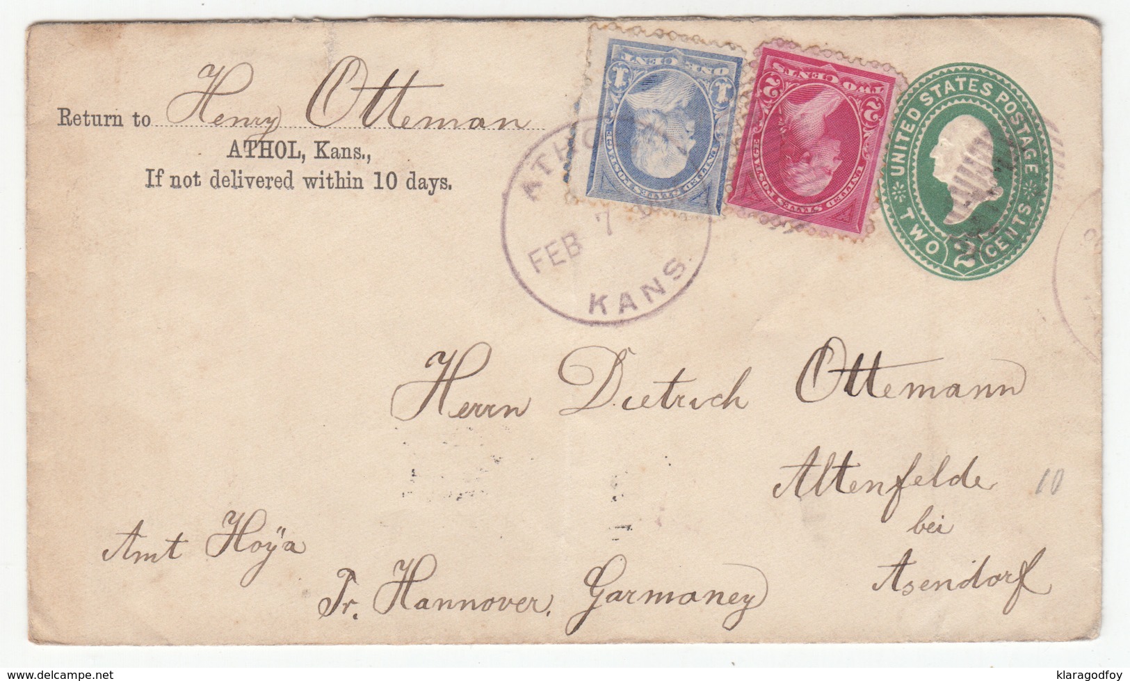 US, Postal Stationery Letter Cover Travelled 1895 Athol (KS) To Asendorf Via New York B190401 - ...-1900