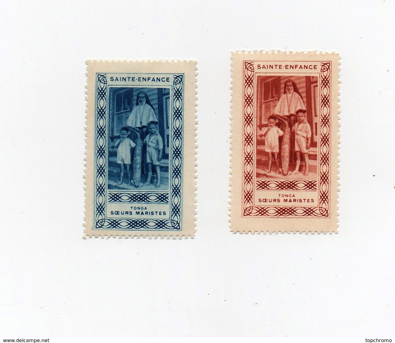 Erinnophilie Vignette Sainte Enfance Tonga Soeurs Maristes (2 Vignettes) - Tonga (1970-...)