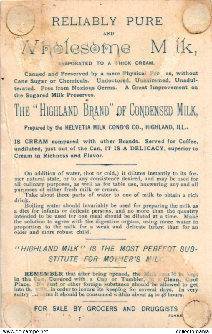 2 Trade Cards Condensed MILK Eagle Brand  New York  Wholesome Milk The Highland Brand - Menú