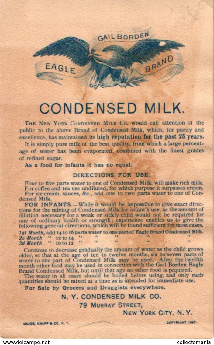 2 Trade Cards Condensed MILK Eagle Brand  New York  Wholesome Milk The Highland Brand - Menus