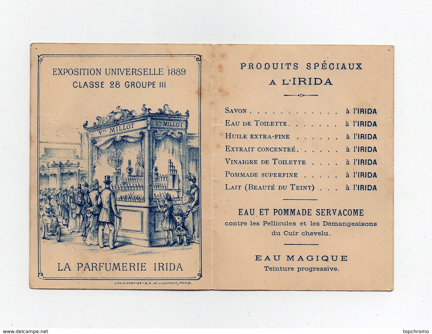 Carte Parfumée Chromo Parfumerie Irida Souvenir De L'exposition Universelle 1889 Lith. Nortier Offert Par F. Millot - Antiguas (hasta 1960)