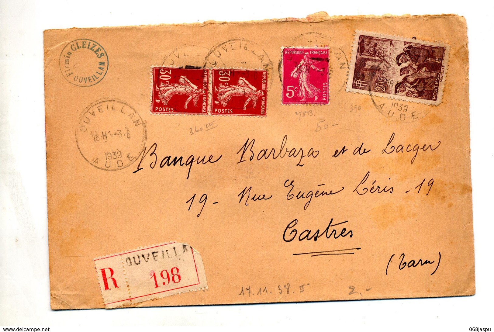 Lettre  Recommandée Ouveillan Sur Semeuse Mineur - Manual Postmarks