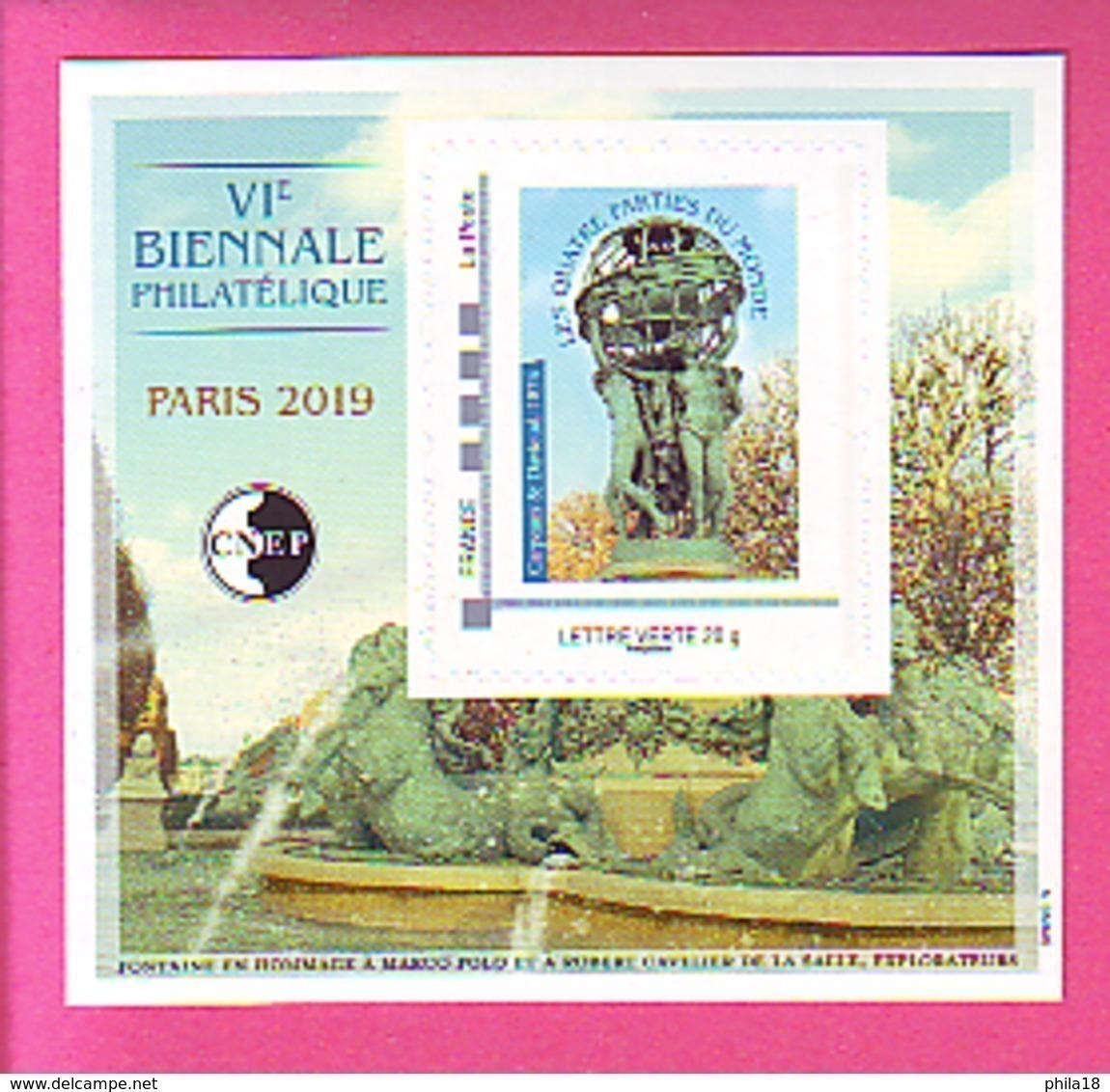 BLOC CNEP 2019 N° 80  6° BIENNALE PARIS FONTAINE LES QUATRE PARTIES DU MONDE  TP AUTO ADHESIF LETTRE VERTE 20 Gr - CNEP