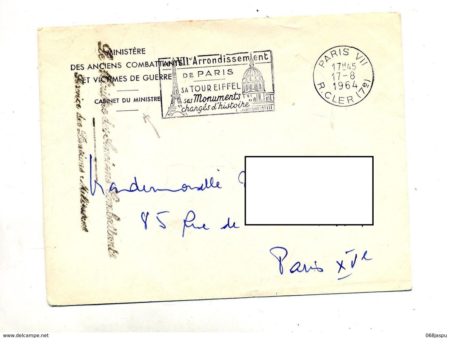 Lettre Franchise Flamme Paris VII Tour Eiffel Monument + Ministre Anciens Combattants - Mechanical Postmarks (Advertisement)
