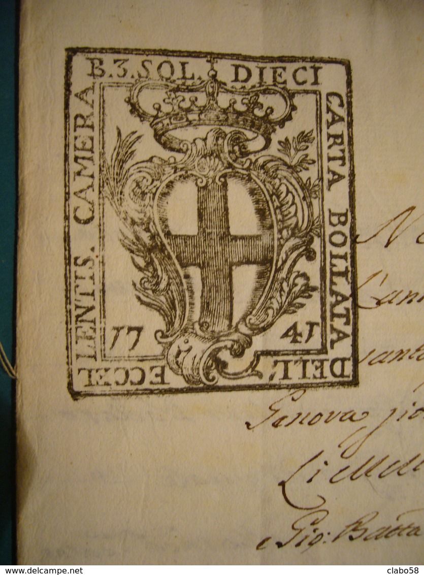 1741  REPUBBLICA LIGURE CARTA BOLLATA DI 10 SOLDI EMESSA A SAVONA DOCUMENTO SCRITTO SU 6 FACCIATE - Collections