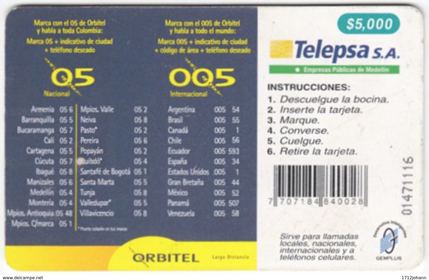 COLOMBIA A-128 Chip Telepsa - Used - Kolumbien