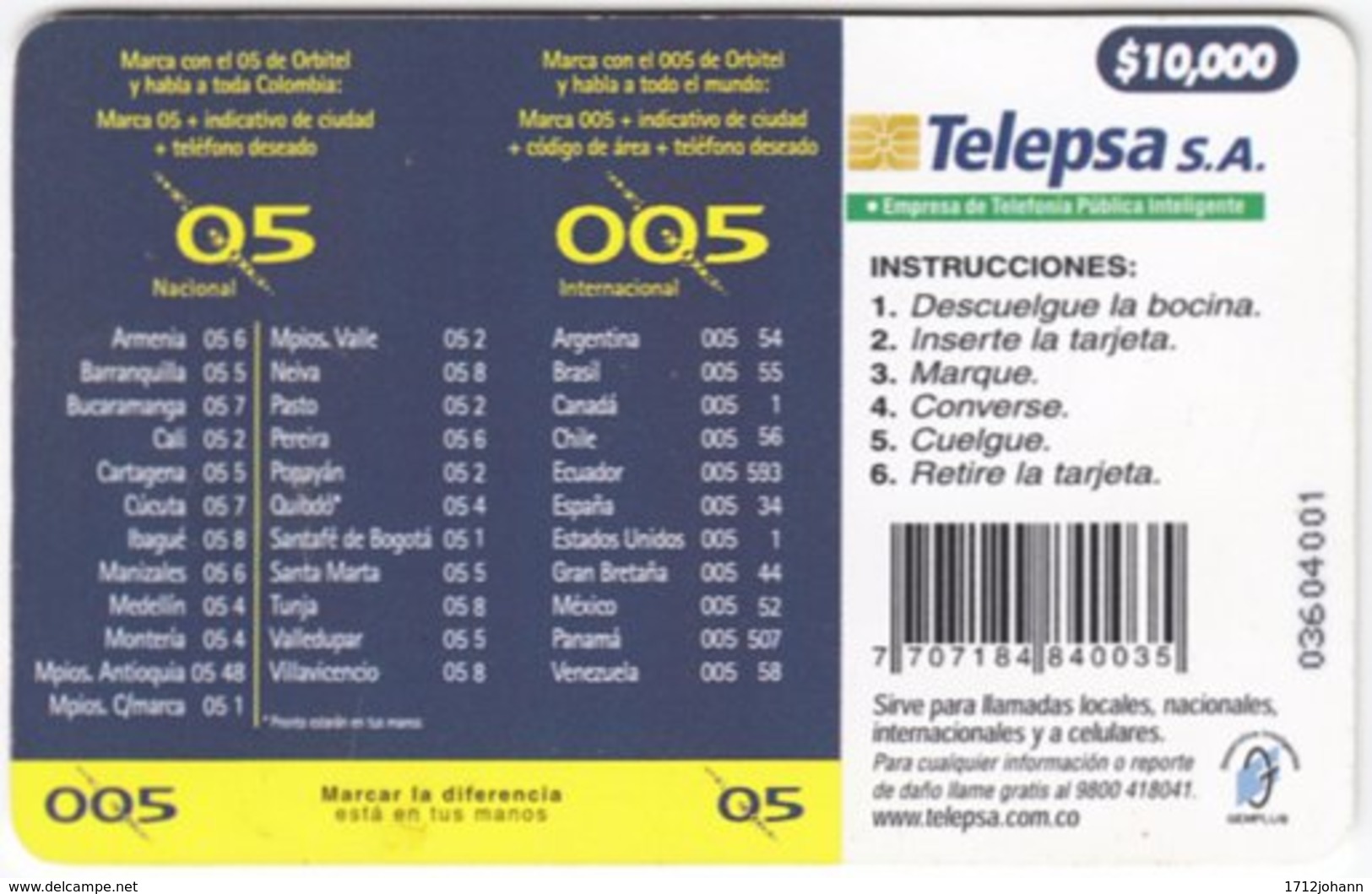 COLOMBIA A-134 Chip Telepsa - Communication, Phone Booth - Used - Kolumbien