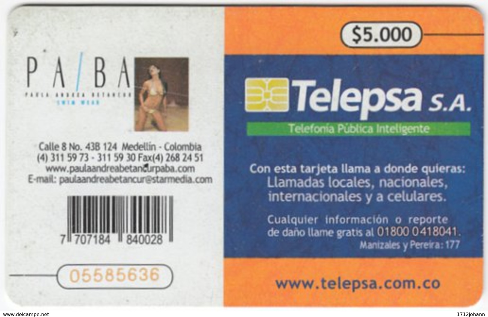 COLOMBIA A-140 Chip Telepsa - People, Woman, Erotic - Used - Kolumbien