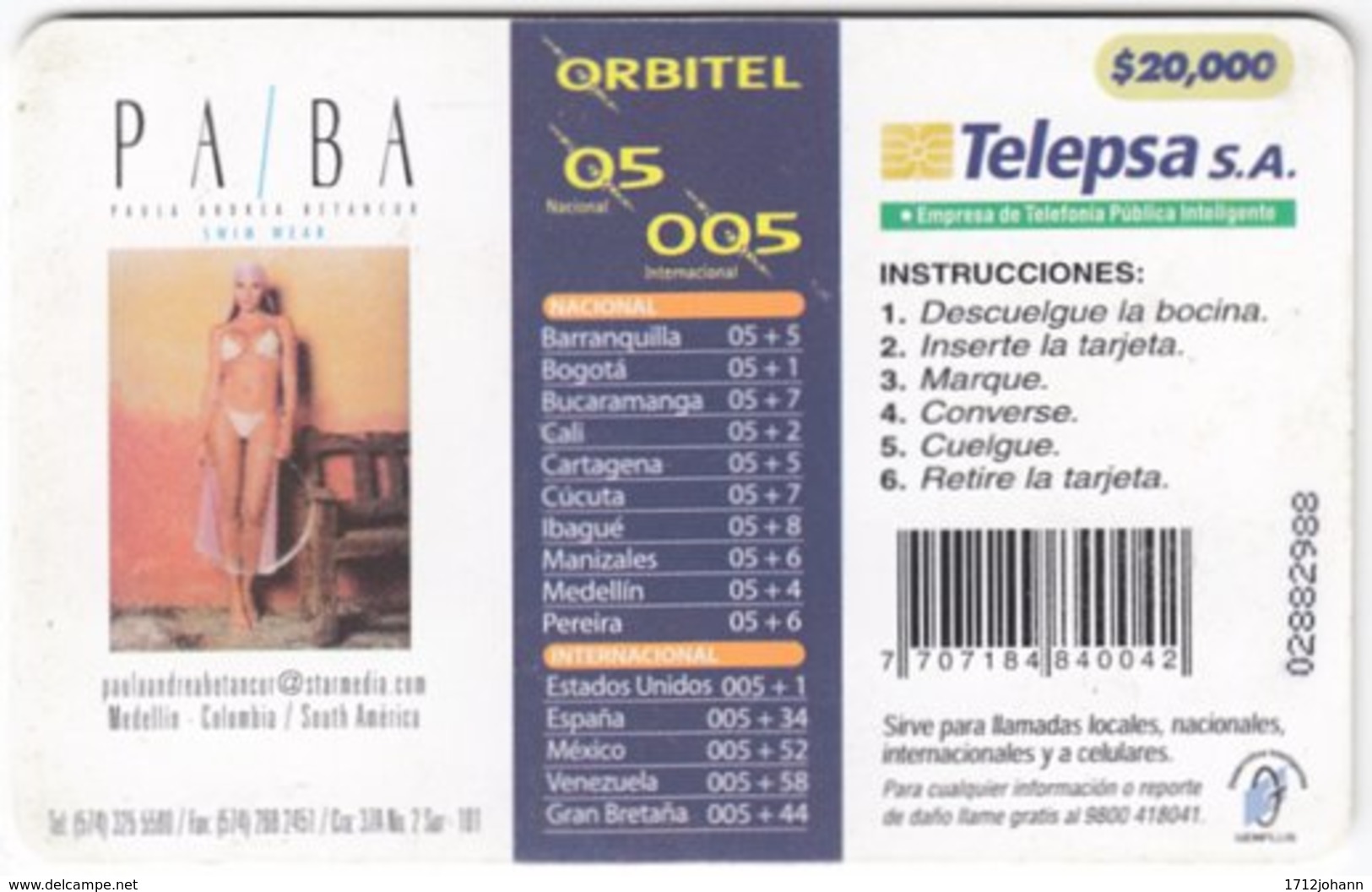 COLOMBIA A-141 Chip Telepsa - People, Woman, Erotic - Used - Kolumbien