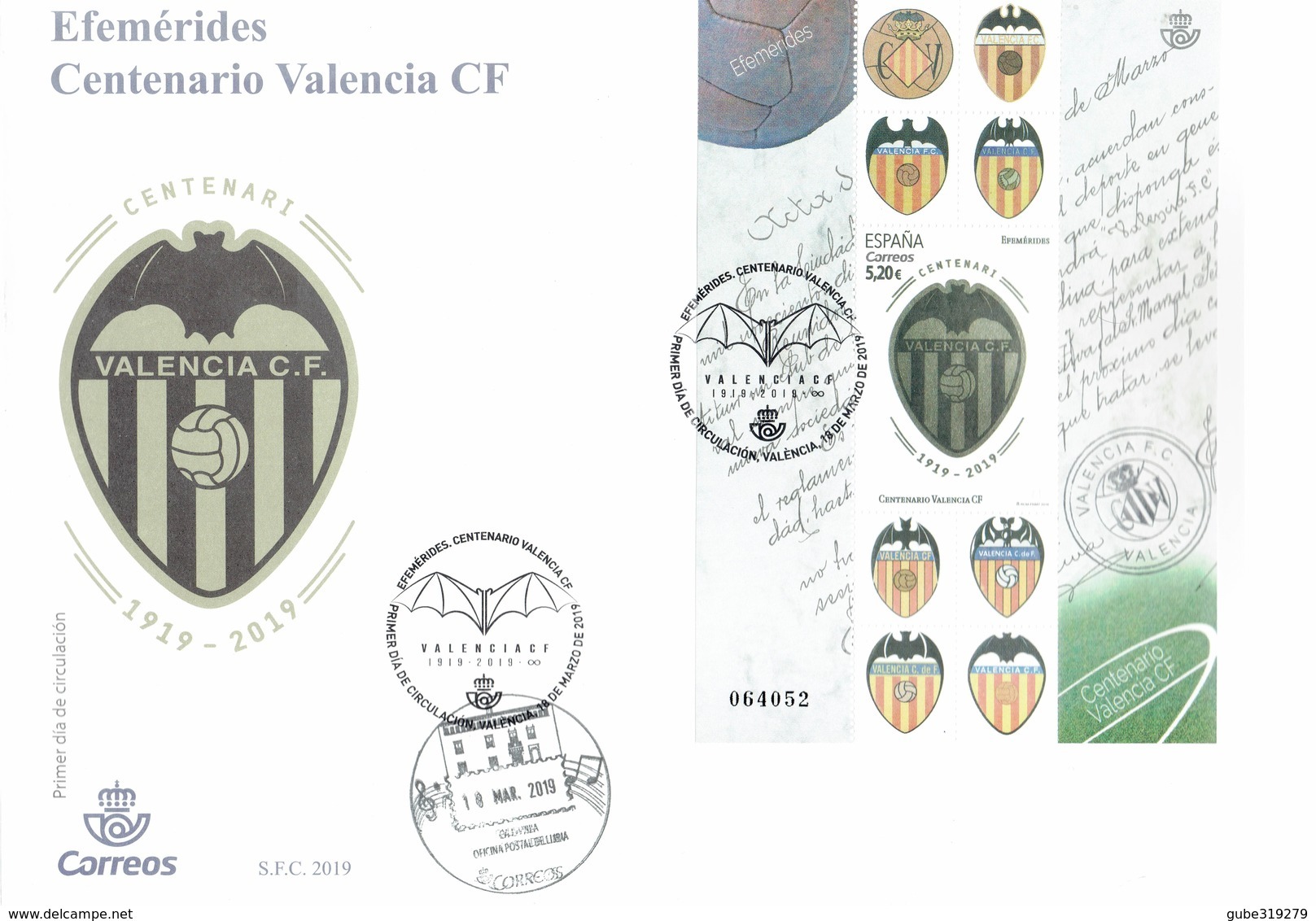 SPAIN 2019 - SOBRE NUESVO ESPECIAL CENTENARIO VALENCIA FOOTBALL CLUB 1919-2019 CON OBLI ESPECIAL 13/8/2019 LLIRIA CIUDAD - FDC