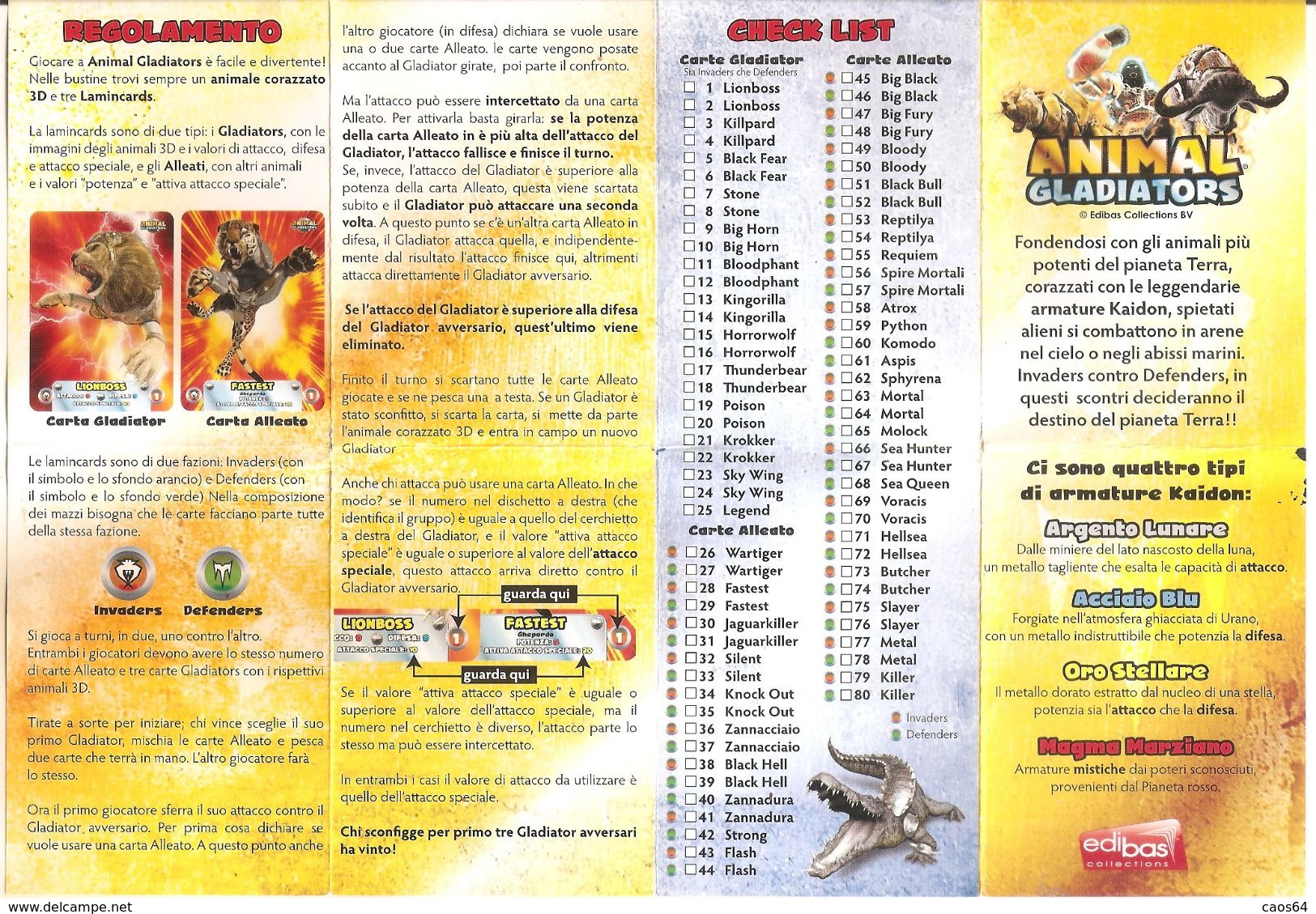 ANIMAL GLADIATORS CHECK LIST EDIBAS CARDS - Altri & Non Classificati