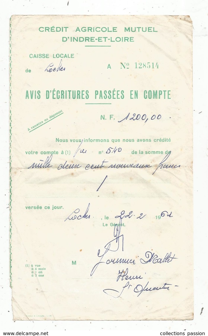 Avis D'écritures Passées En Compte, Crédit Agricole Mutuel D'Indre Et Loire ,LOCHES ,1961, Frais Fr 1.55 E - Bank En Verzekering