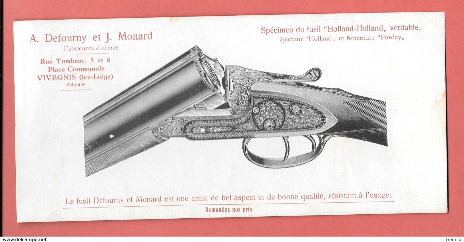 Buvard Lithographié Début XXe - A.DEFOURNY & J.MONARD -Fabricants D'armes à VIVEGNIS (Belgique) FUSIL HOLLAND-HOLLAND - Autres & Non Classés