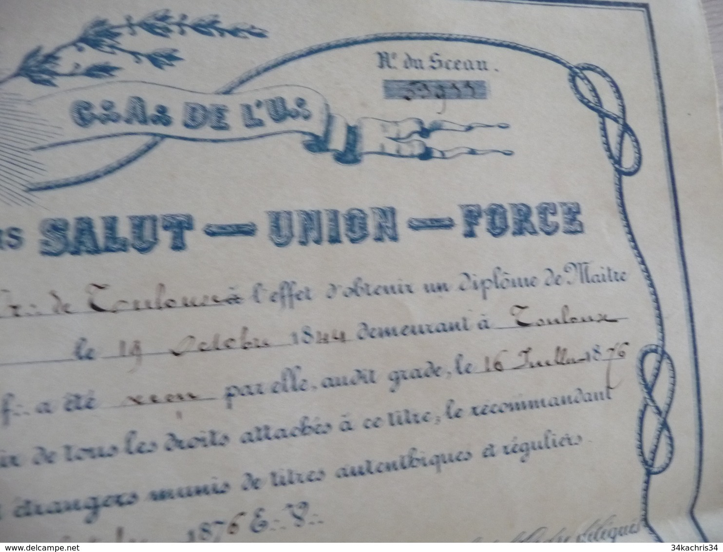 Diplôme Parchemin Franc Maçonnerie 19/10/1876 Toulouse Callayrac Sceau Et Autographe à Voir Plis D'archivage Sinon TBE - Diploma's En Schoolrapporten