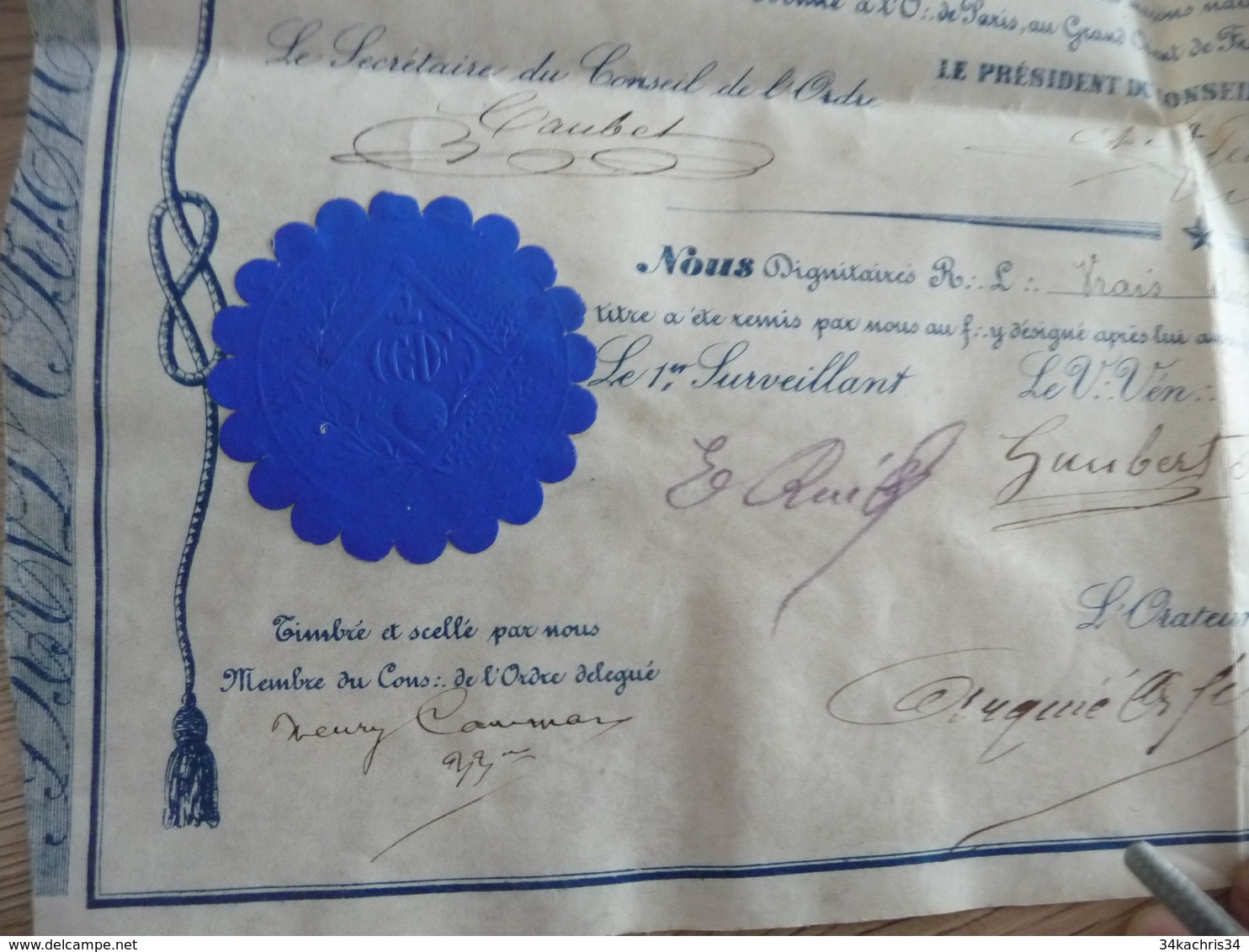 Diplôme parchemin Franc maçonnerie 19/10/1876 Toulouse Callayrac Sceau et autographe à voir plis d'archivage sinon TBE