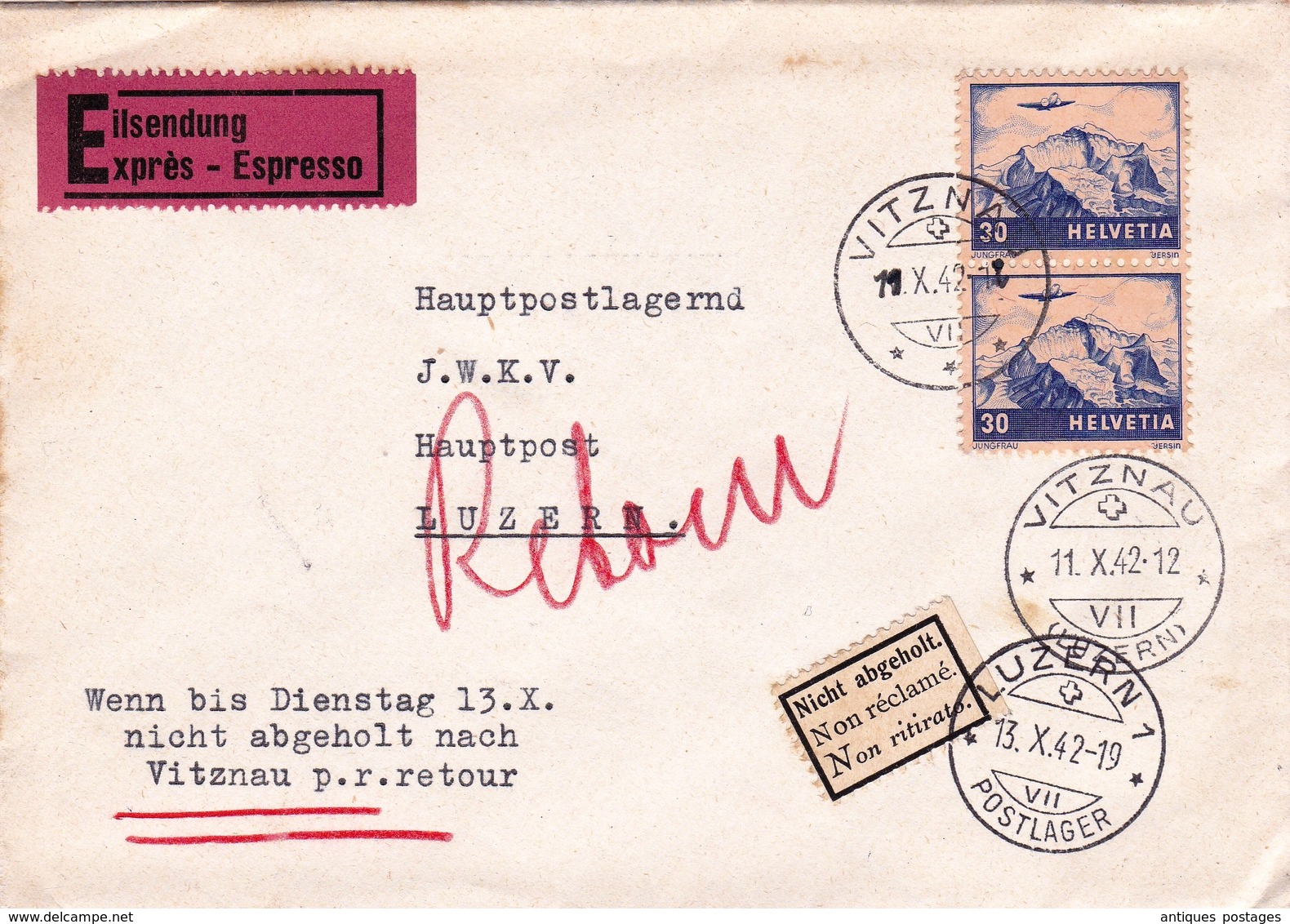 Lettre Exprès Vitznau 1942 Luzern Suisse Non Réclamé Eilsendung Switzerland Schweiz - Lettres & Documents