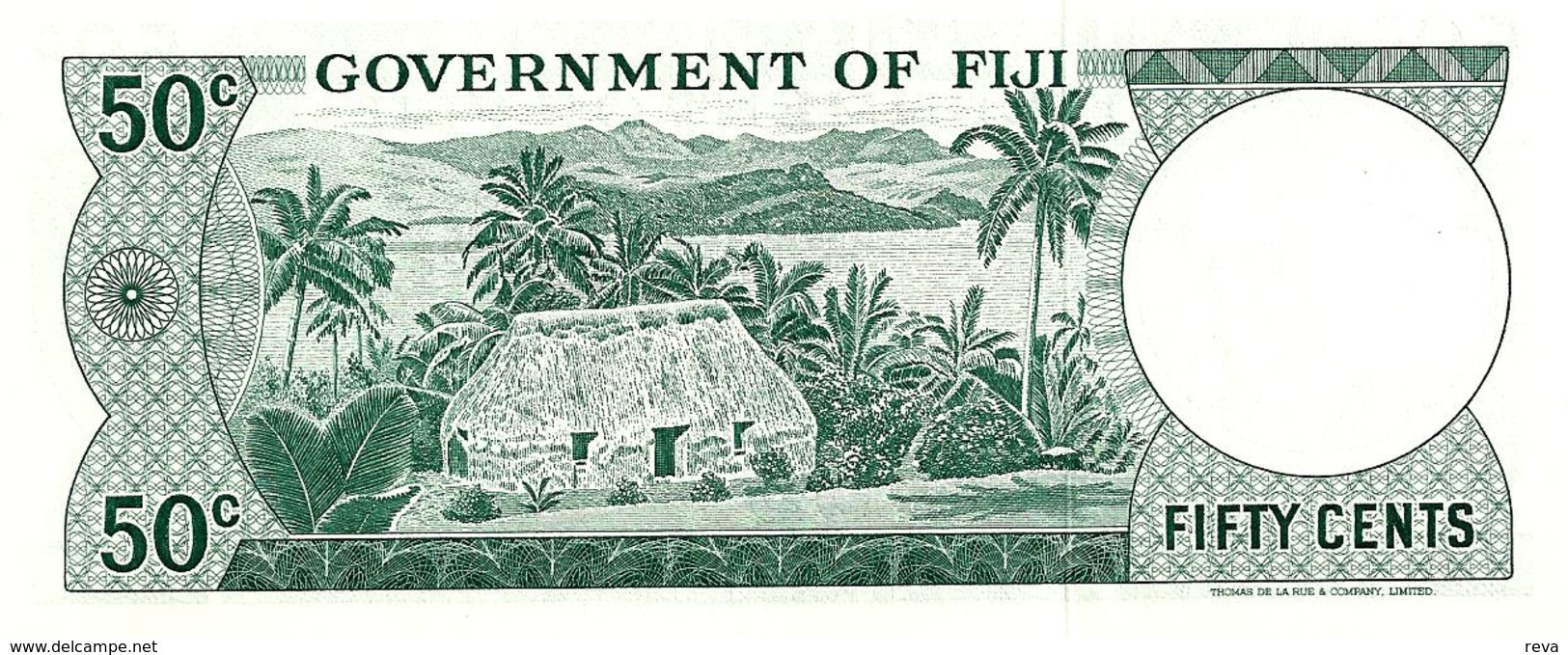 FIJI 50 CENTS GREEN QEII HEAD FRONT & LANDSCAPE BACK ND(1971)P.64b SIGNATURE C.A.STINSON F+ READ DESCRIPTION!! - Fiji