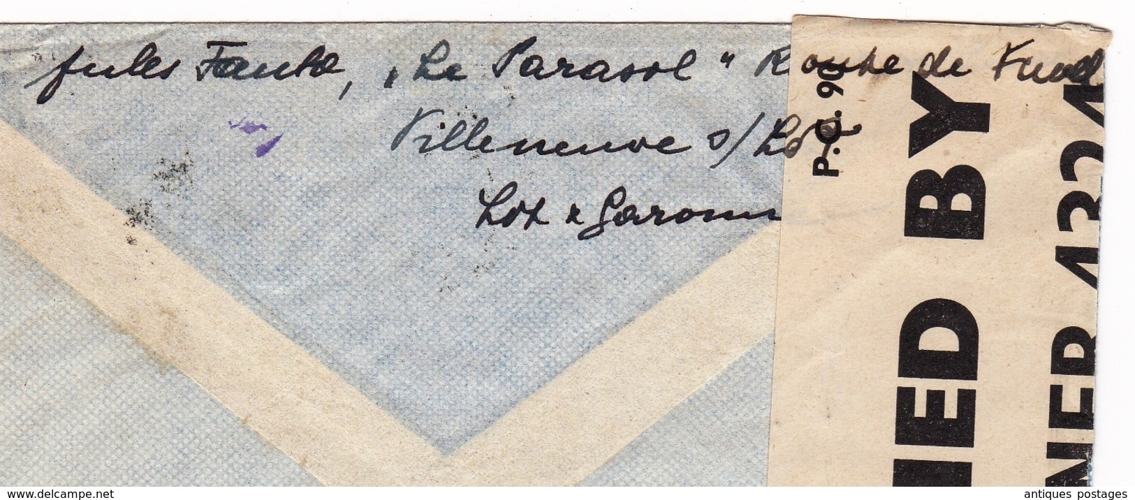 Lettre Villeneuve Sur Lot Lot Et Garonne 1942 New York USA Censure Examiner Timbres Pétain Lisbonne - 1941-42 Pétain