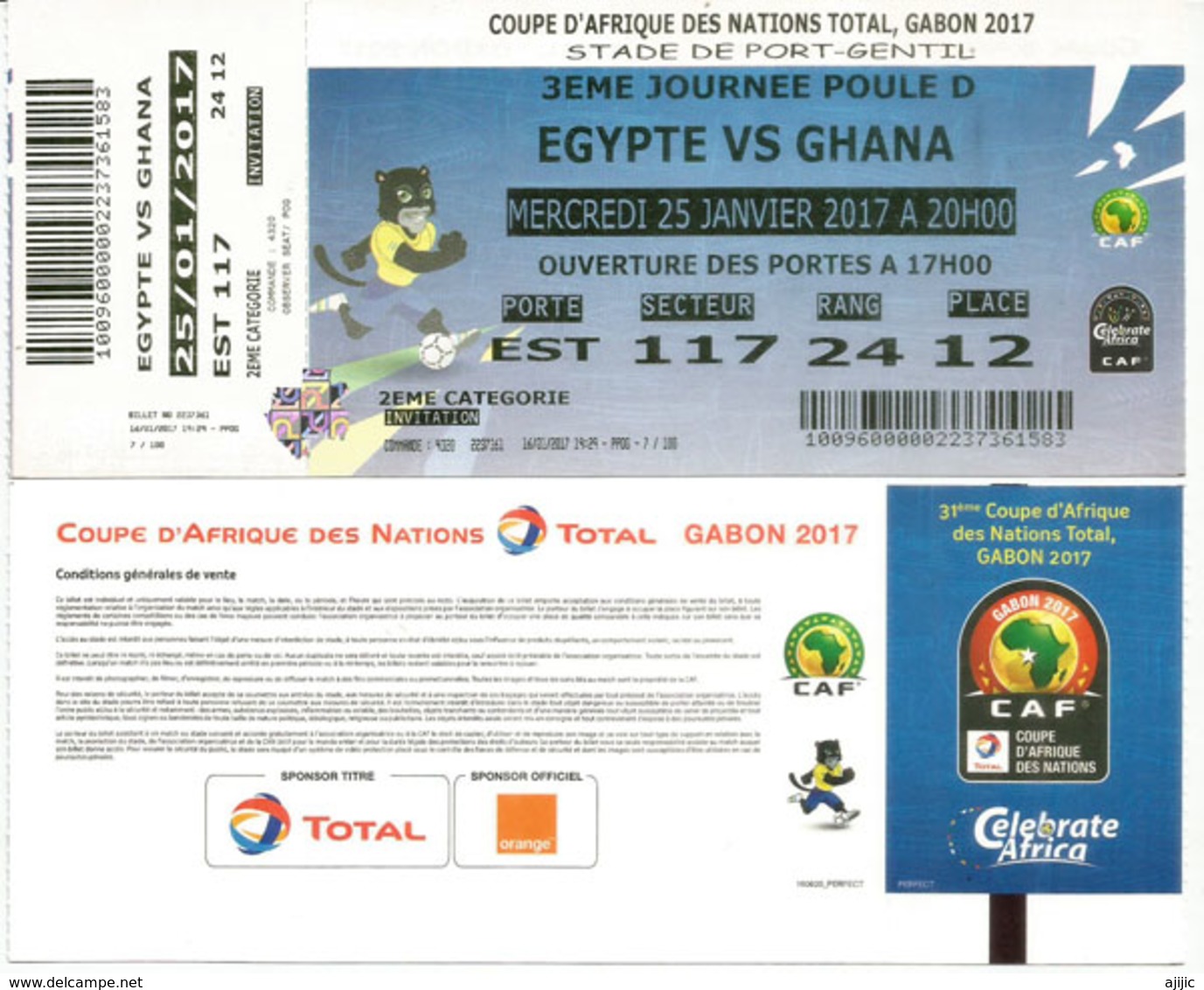 Football.Match EGYPT Vs GHANA.Ticket Coupe D'Afrique Des Nations Au Gabon, Stade De Port-Gentil. 25 01  2017,etat Neuf - Lettres & Documents