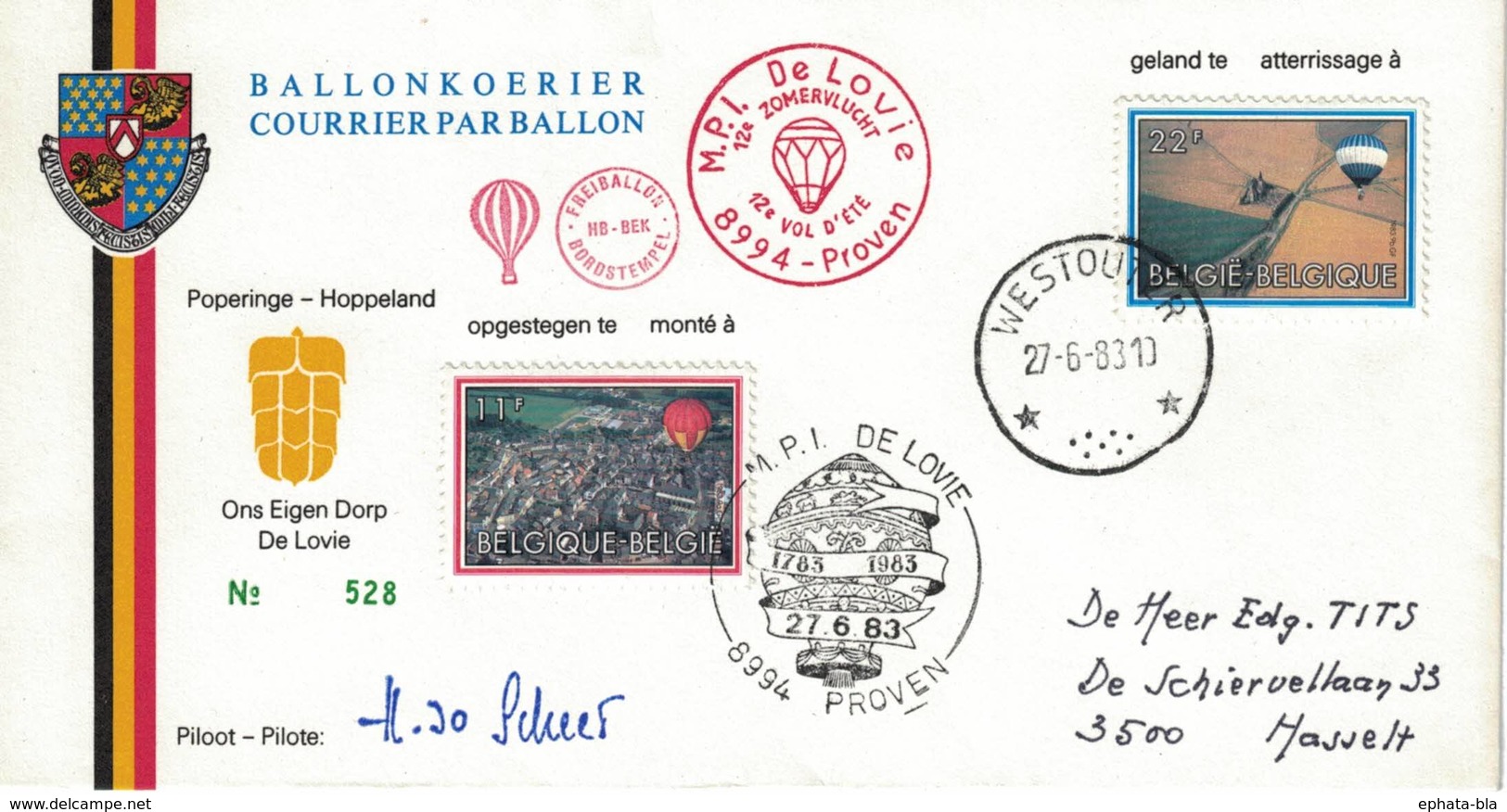 Courrier Par Ballon (montgolfière). 1983. Proven => Westouter. Pilote: ? MPI De Lovie. - Autres & Non Classés