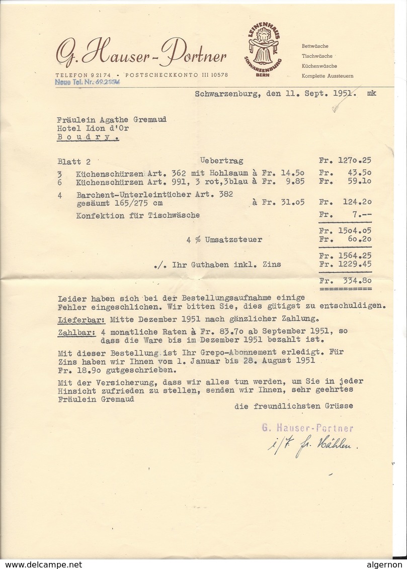 F116 - Schwarzenburg G Hauser Portner Leinenhaus Facture Et Enveloppe 1951 - Switzerland