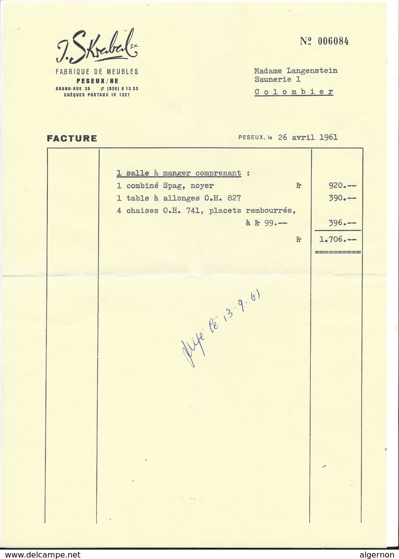 F117 - Peseux Skrabal Fabrique De Meubles Lettre Et Factures 1961-1962 - Suisse