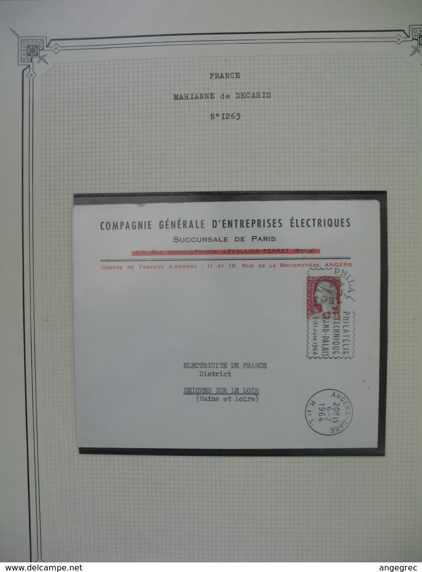 Lettre 1964  Marianne De Decaris  N°1263  Cachet Angers Gare Cachet Temporaire Philatec 64 Grand Palais - 1961-....