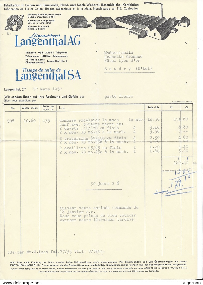 F118 - Langenthal Leinenweberei Tissage De Toiles 1951 1952 2 Factures - Suisse