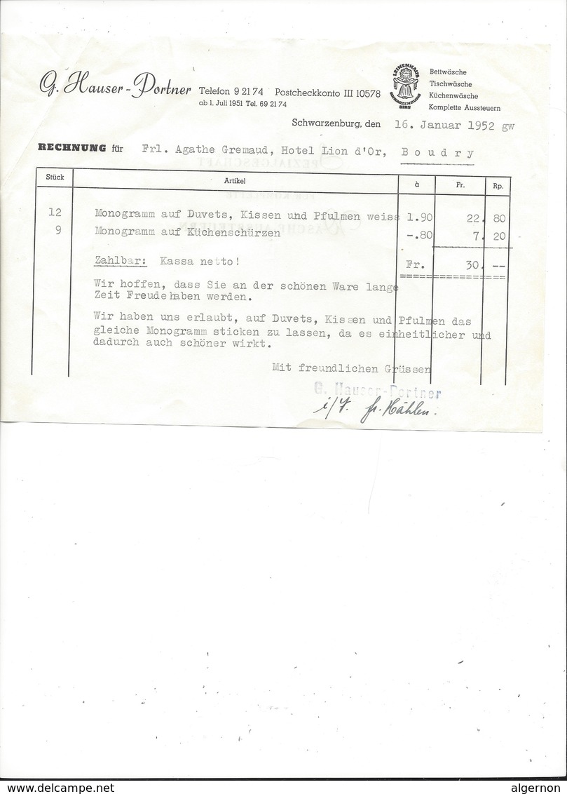 F119 - Rechnung Hauser Portner Schwarzenburg 1952 1951 - Switzerland