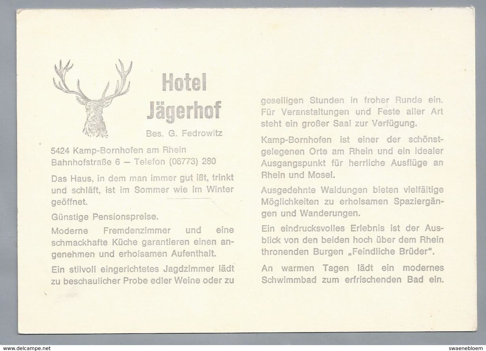 DE.- HOTEL JÄGERHOF. KAMP-BORNHOFEN Am RHEIN. Bes. G. Fedrowitz. - Hotel's & Restaurants