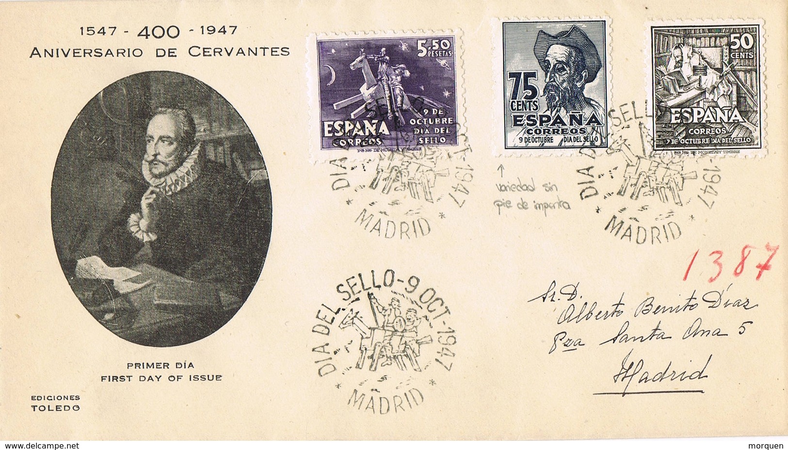 32182. Carta Certificada MADRID 1947. Dia Sello. CERVANTES, Variedad Sello 1013t - Storia Postale