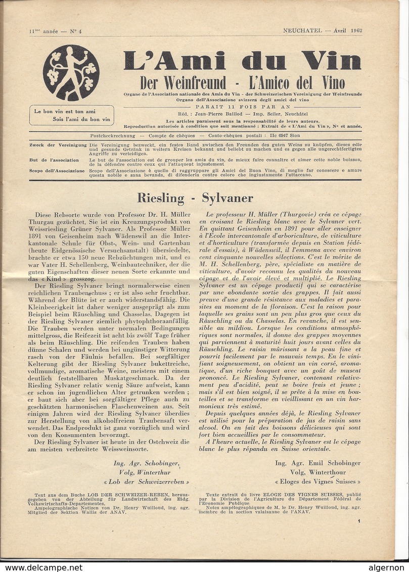 F121 - Neuchâtel L'Ami Du Vin Der Weinfreund L'Amico Del Vino Avril 1962 - 1950 - Heute