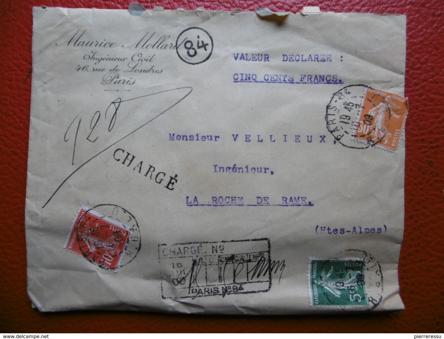 LETTRE CHARGE CACHET PARIS RUE BALLU SEMEUSE TRICOLORE VIA LA ROCHE DE RAME 1909 - 1877-1920: Periodo Semi Moderno