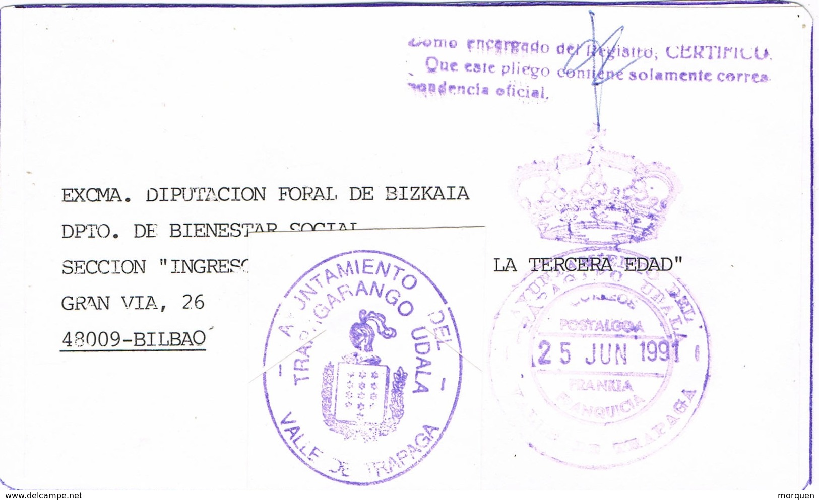 32187. Tarjeta Frontal VALLE De TRAPAGA  (Vizcaya) 1991. Franquicia Ayuntamiento - Cartas & Documentos