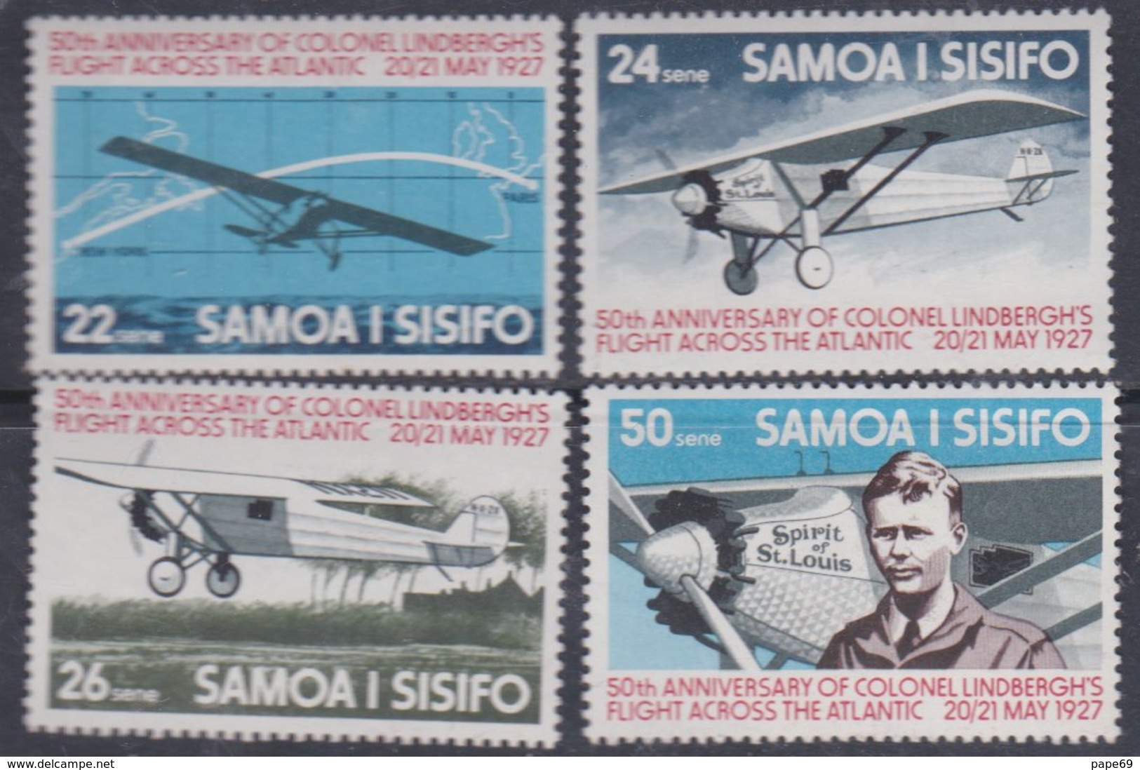 Samoa N° 388 / 91 XX 50ème Ann. Du Vol De Charles Lindberg: Les 4 Valeurs Sans Charnière, TB - Samoa