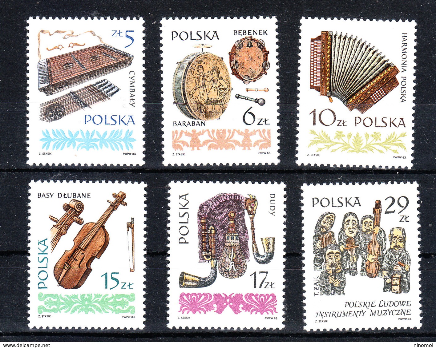 Polonia -1984. Timpani,fisarmonica,violino,cornamusa.Timpani, Accordion, Violin, Bagpipes, Orchestra Wood Sculpture MNH - Musica