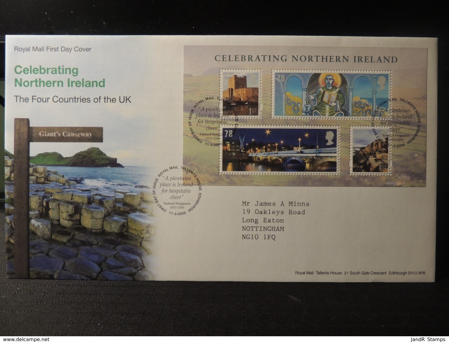 GB 2008 FDC - MS Celebrating Northern Ireland Tallents Postmark  Castles Bridges Giant's Causeway - 1991-2000 Dezimalausgaben